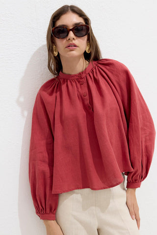 Lightweight Linen Gathered Neck Shirt Red