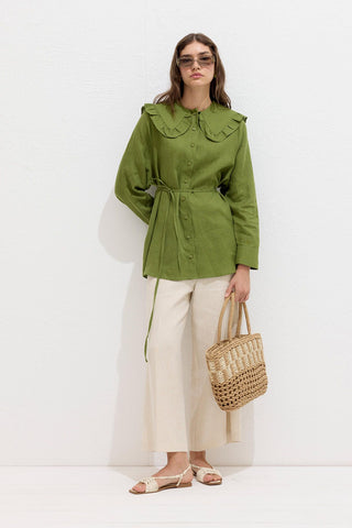 Linen Shirt With Collar Detail Green