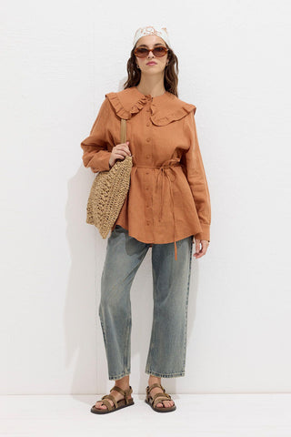 Linen Shirt With Collar Detail Orange