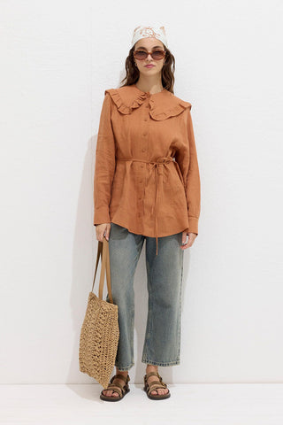 Linen Shirt With Collar Detail Orange