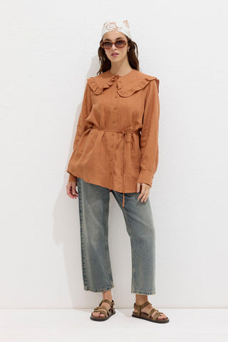 Linen Shirt With Collar Detail Orange