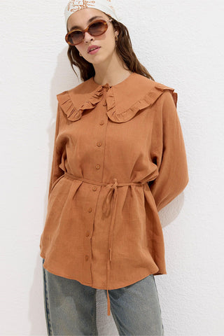 Linen Shirt With Collar Detail Orange