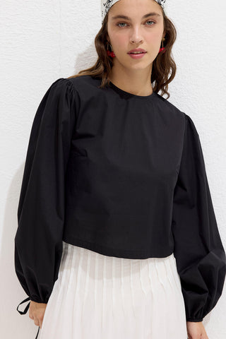 Poplin Blouse With Tie Detail Black