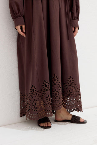 Nakışlı Broderie Elbise Kahverengi