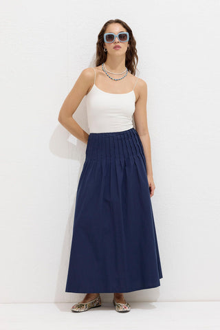 Pleated Voile Skirt Navy Blue