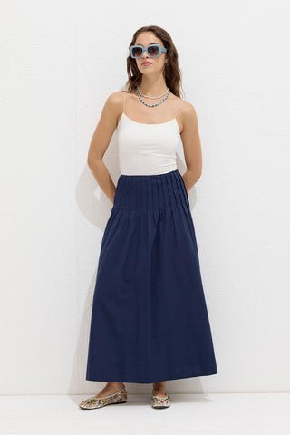 Pleated Voile Skirt Navy Blue