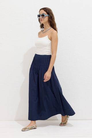 Pleated Voile Skirt Navy Blue