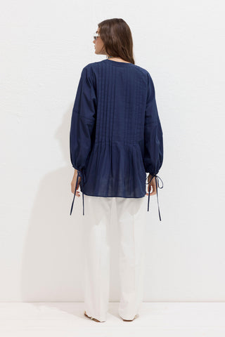 Plise Detaylı Voile Tunik Lacivert