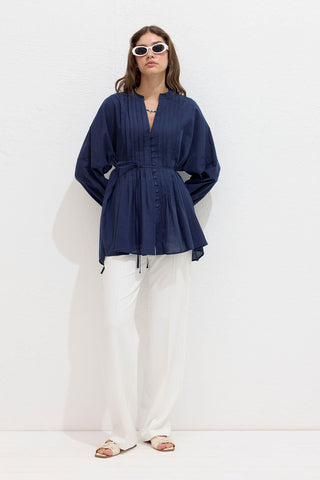 Voile Tunic With Pleat Details Navy Blue