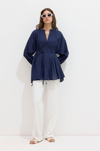 Plise Detaylı Voile Tunik Lacivert