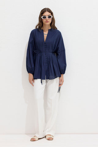 Plise Detaylı Voile Tunik Lacivert