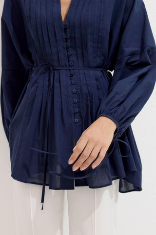 Voile Tunic With Pleat Details Navy Blue