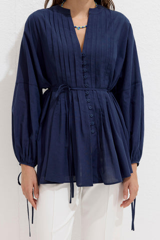 Plise Detaylı Voile Tunik Lacivert