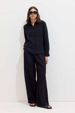 Fitted Linen Shirt With Covered Buttons Black