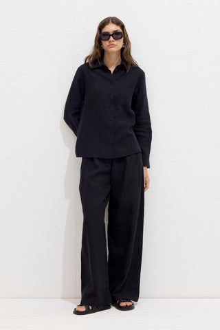 Fitted Linen Shirt With Covered Buttons Black