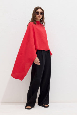 Asymmetric Linen Cape Blouse Red