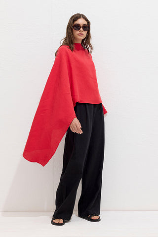 Asymmetric Linen Cape Blouse Red