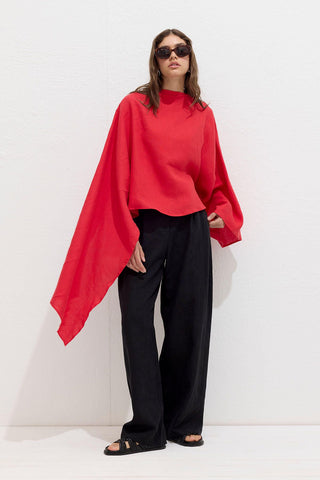 Asymmetric Linen Cape Blouse Red