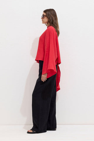 Asymmetric Linen Cape Blouse Red