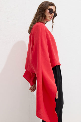 Asymmetric Linen Cape Blouse Red