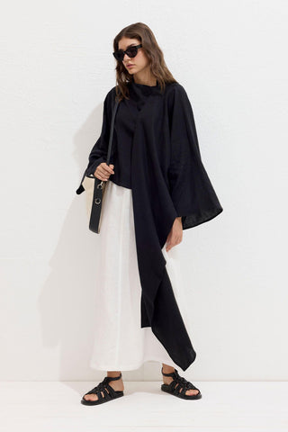 Asymmetric Linen Cape Blouse Black