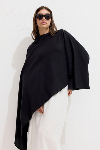 Asymmetric Linen Cape Blouse Black