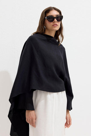 Asymmetric Linen Cape Blouse Black