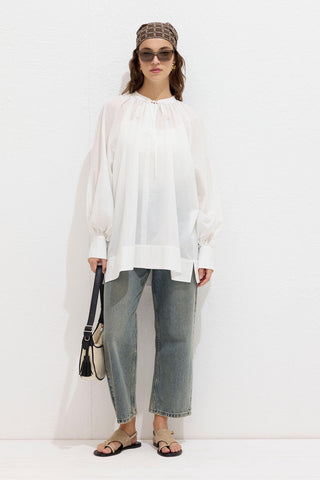 Voile Tunic With Drawstring Detail Ecru