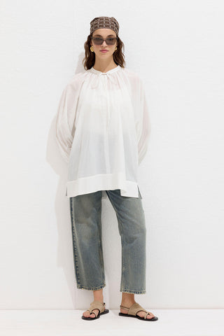 Bağcık Detaylı Voile Tunik Ekru