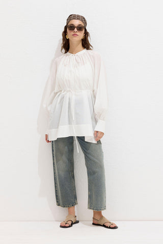 Bağcık Detaylı Voile Tunik Ekru