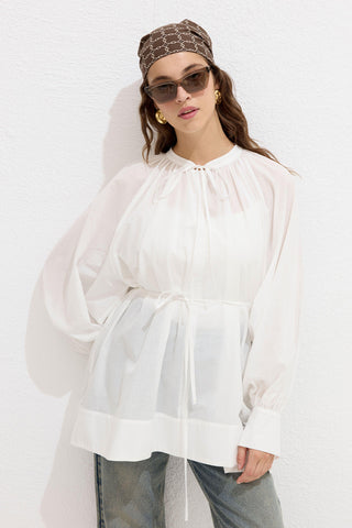 Bağcık Detaylı Voile Tunik Ekru