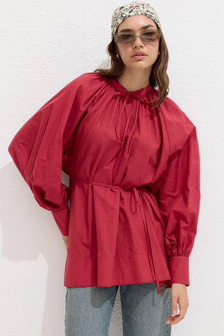 Voile Tunic With Drawstring Detail Cherry Red