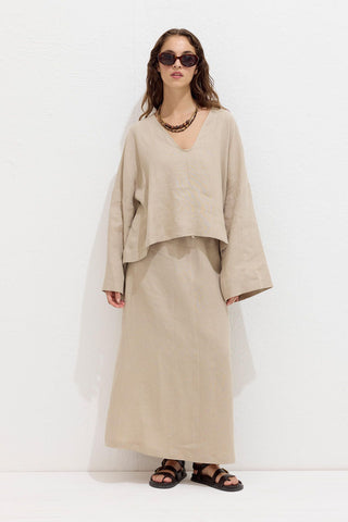 Linen Skirt With Drawstring Sand