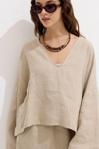 Premium V-Neck Linen Blouse Sand