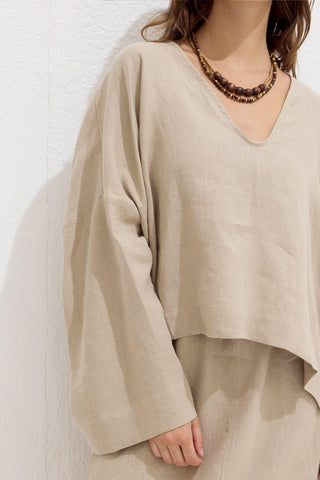 Premium V-Neck Linen Blouse Sand