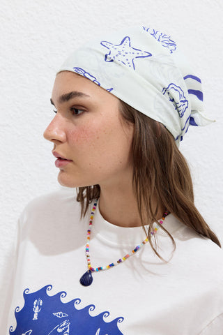 Desenli Pamuklu Atkı Deniz Kabuklu Mavi