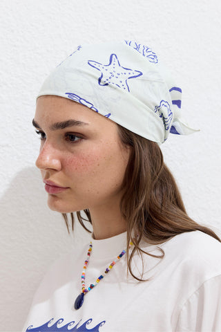 Desenli Pamuklu Atkı Deniz Kabuklu Mavi