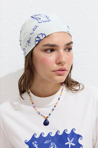 Desenli Pamuklu Atkı Deniz Kabuklu Mavi