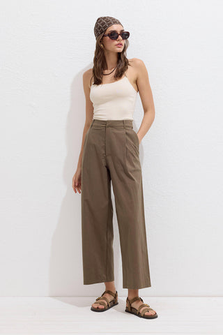 Premium Cotton Pleated Trousers Brown