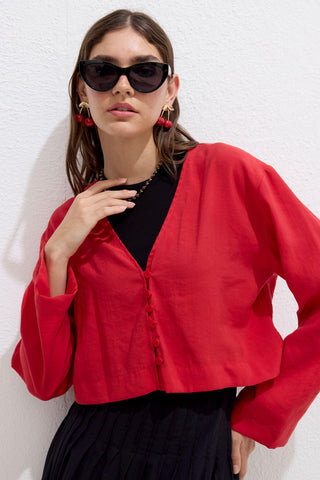 Modal Button Up Blouse Red
