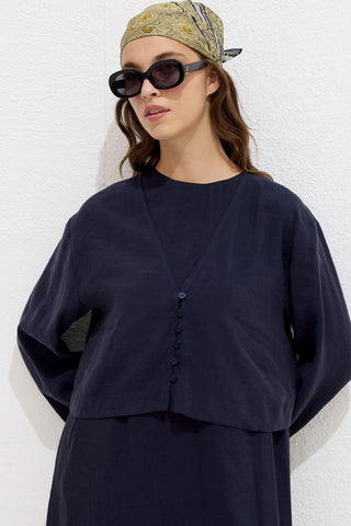 Modal Button Up Blouse Navy Blue