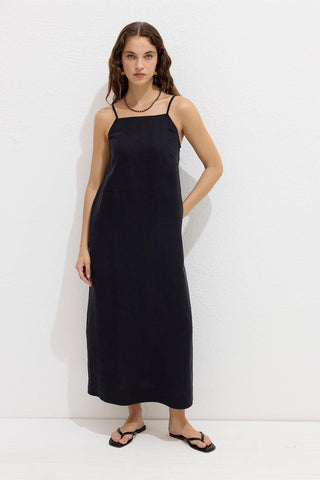 Linen Strappy Dress Black