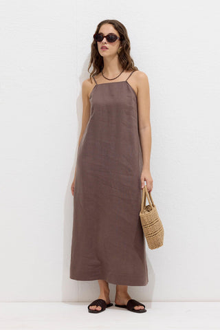 Linen Strappy Dress Dusty Brown