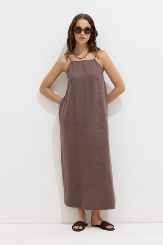 Linen Strappy Dress Dusty Brown