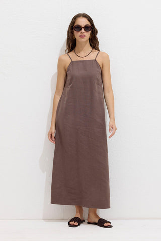 Linen Strappy Dress Dusty Brown