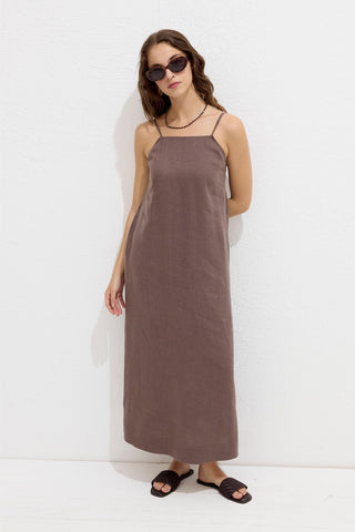 Linen Strappy Dress Dusty Brown