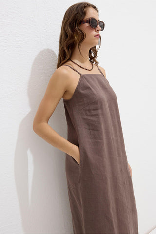 Linen Strappy Dress Dusty Brown