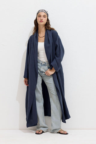 Hooded Linen Trench Coat Navy Blue