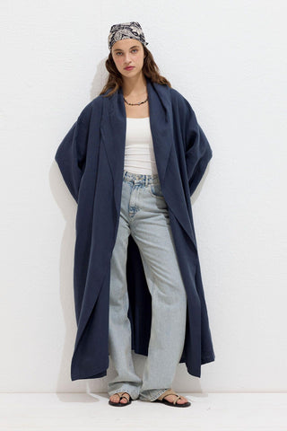 Hooded Linen Trench Coat Navy Blue