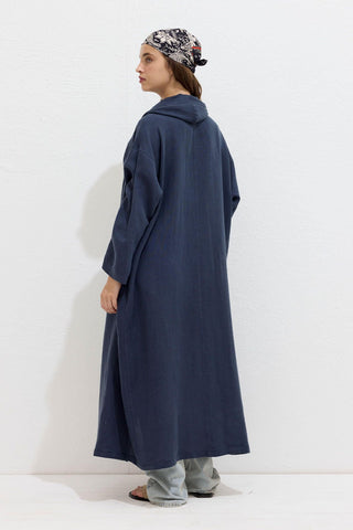 Hooded Linen Trench Coat Navy Blue